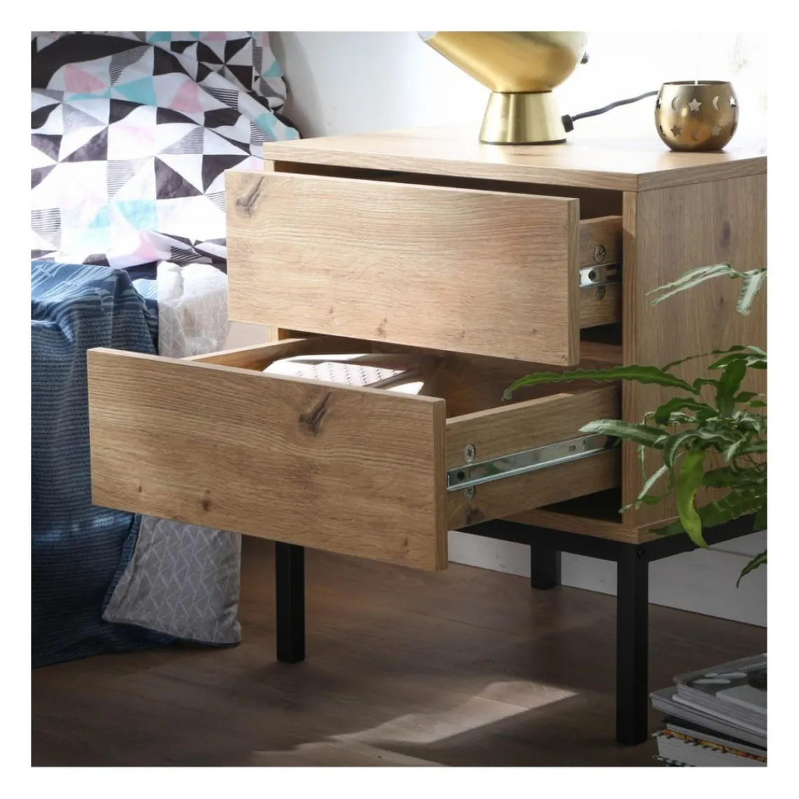 Calicosy Table de Chevet 2 Tiroirs Décor Bois en bois Beige Discount