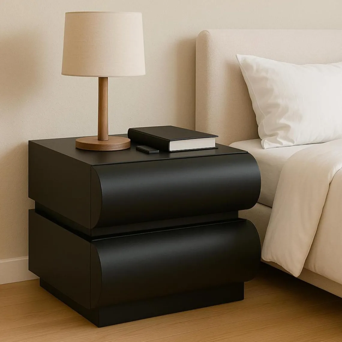 3S. x Home Table de chevet avec 2 tiroirs arrondis Mezade Noir Outlet