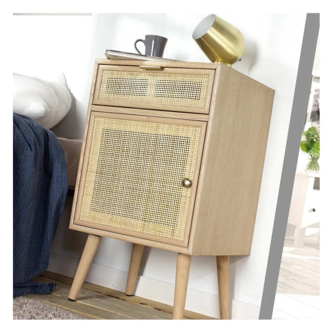 Calicosy Table de chevet avec cannage en rotin naturel Best