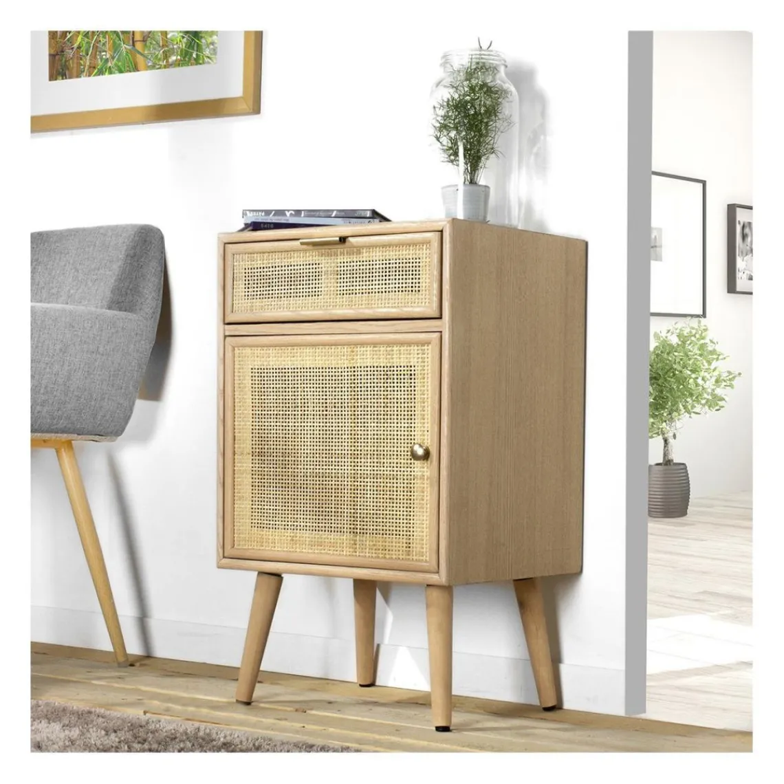 Calicosy Table de chevet avec cannage en rotin naturel Best