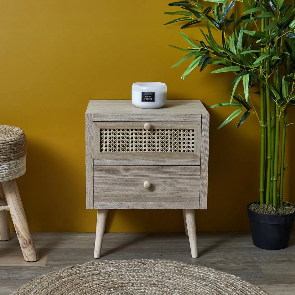 3S. x Home Table de Chevet CANNAGE 2 Tiroirs Bois Discount