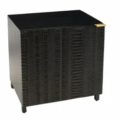 Macabane Table de chevet en bois de manguier massif avec 1 porte sculptée pieds en métal GLORIA noir Outlet