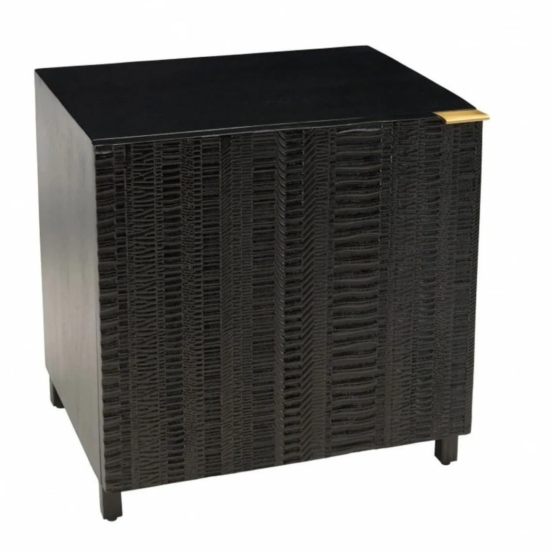 Macabane Table de chevet en bois de manguier massif avec 1 porte sculptée pieds en métal GLORIA noir Outlet