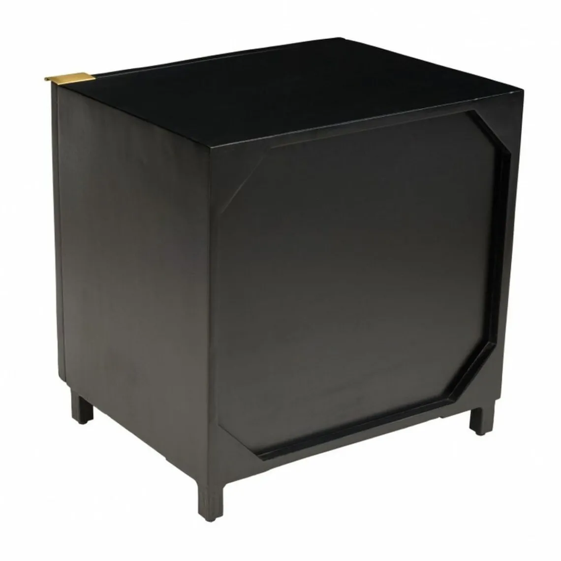 Macabane Table de chevet en bois de manguier massif avec 1 porte sculptée pieds en métal GLORIA noir Outlet