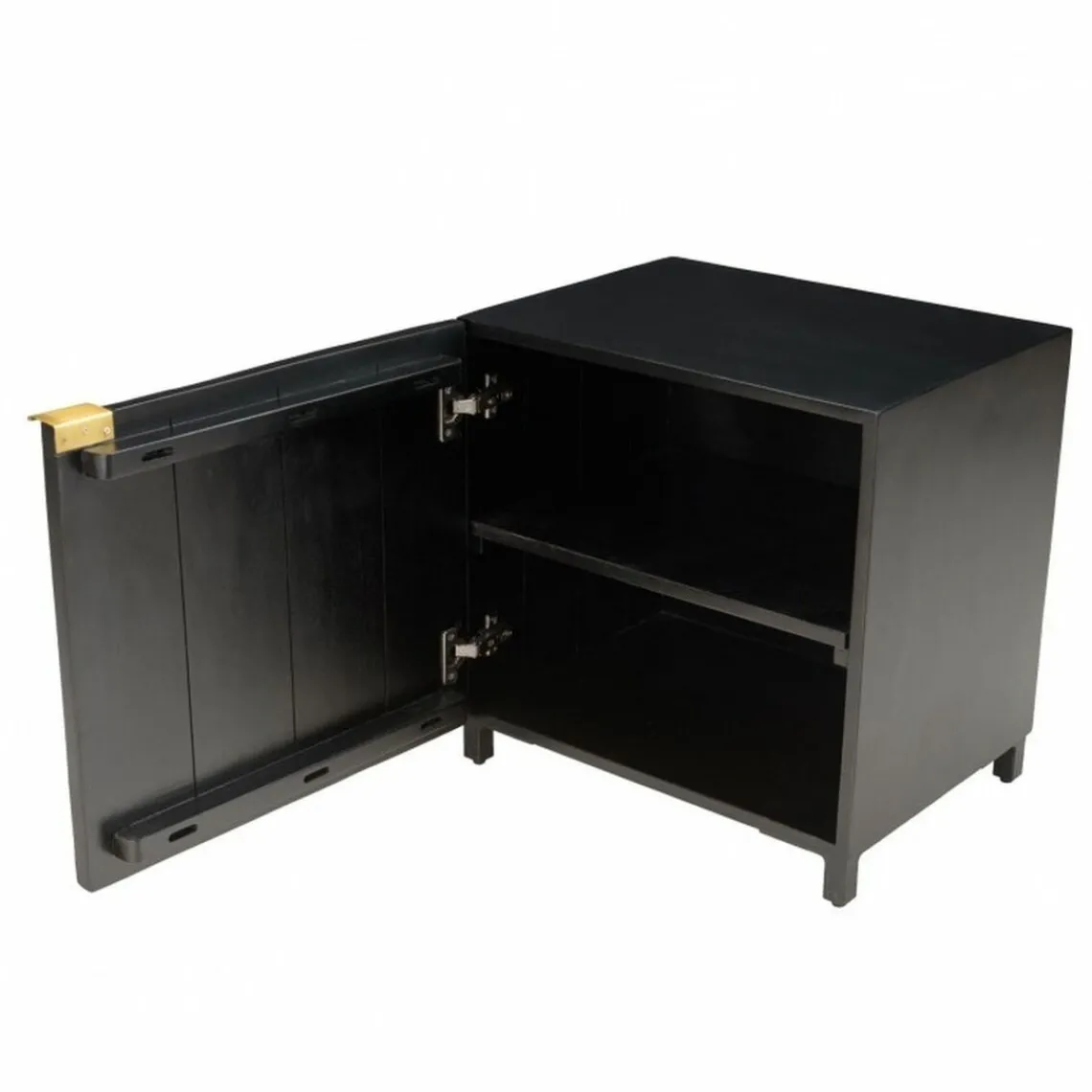 Macabane Table de chevet en bois de manguier massif avec 1 porte sculptée pieds en métal GLORIA noir Outlet