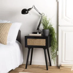 Macabane Table de chevet noir 1 tiroir cannage - MIKEL