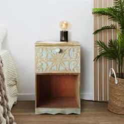 3S. x Home Table de chevet style oriental bois sculpté 1 porte Monbolyto Bois Gris Outlet