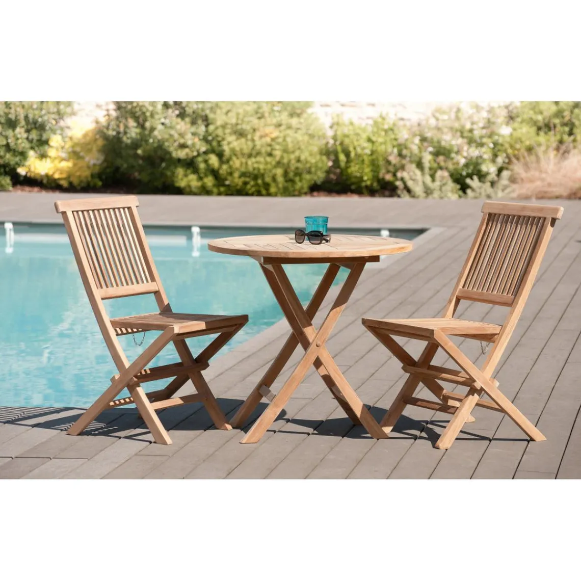 Macabane Table de jardin 2 personnes, ronde pliante 80 x 80 cm en bois Teck Best