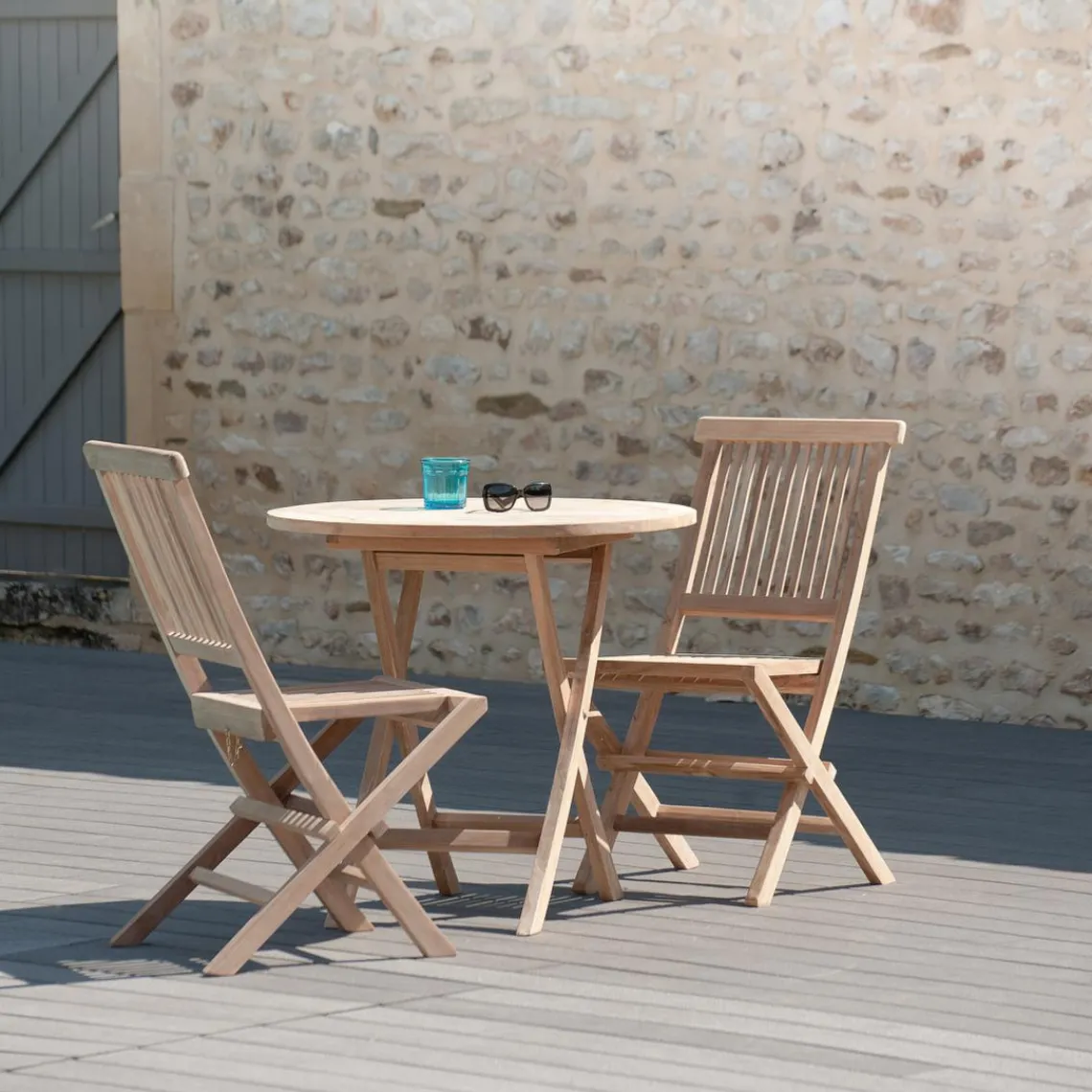 Macabane Table de jardin 2 personnes, ronde pliante 80 x 80 cm en bois Teck Best