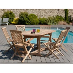 Macabane Table de jardin 6/8 personnes - ovale extensible 150/200*90 cm en bois Teck Outlet