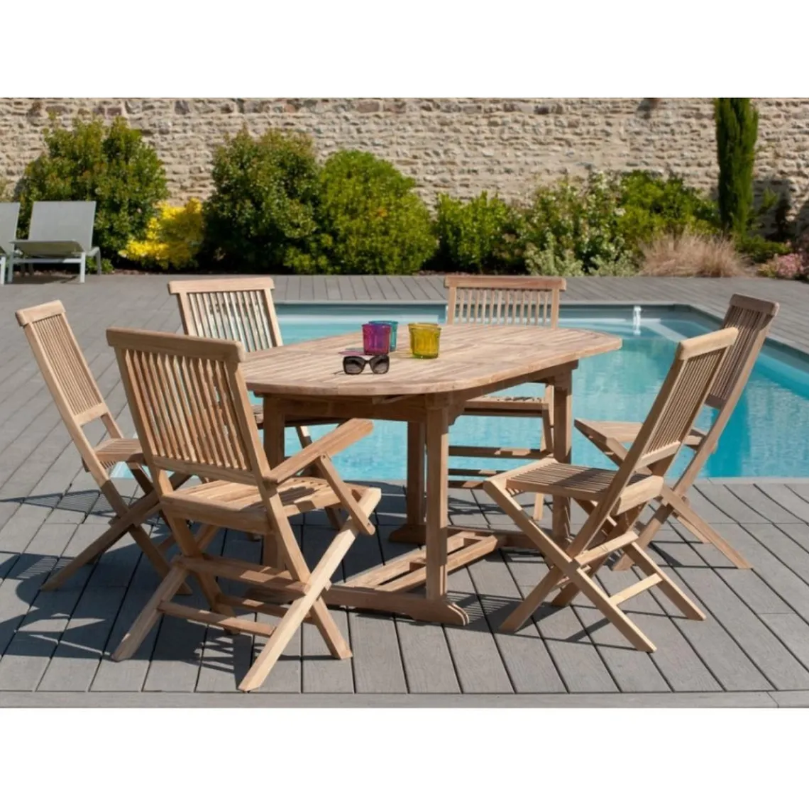 Macabane Table de jardin 6/8 personnes - ovale extensible 150/200*90 cm en bois Teck Outlet