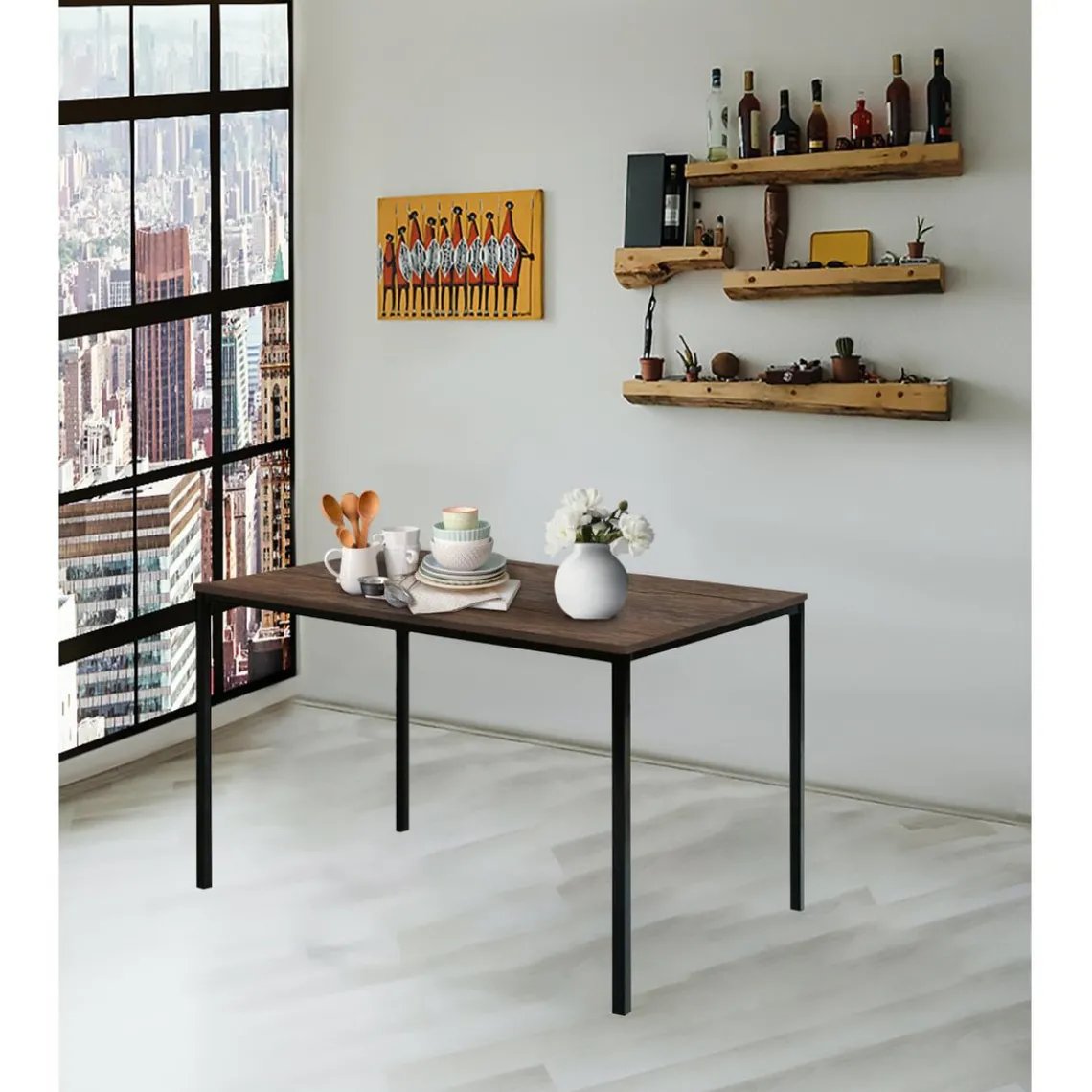 3S. x Home Table de salle à manger en métal noir et en bois finition Marron Sale