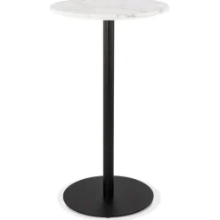 ALTEREGO Table haute ronde 'CORY ROUND' en pierre blanche effet marbre et métal noir