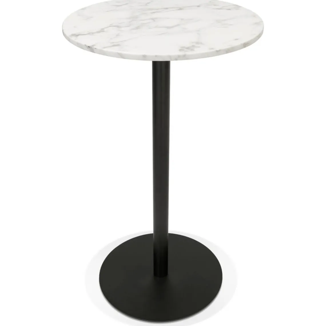 ALTEREGO Table haute ronde 'CORY ROUND' en pierre blanche effet marbre et métal noir