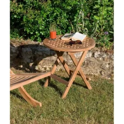 Macabane Table pique nique ronde de jardin en bois Teck Outlet