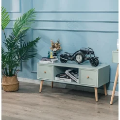 3S. x Home Table TV Scandinave en Bois - 2 Tiroirs Rangement AKITA - Verte Clearance