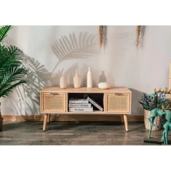 3S. x Home Table TV Scandinave en Bois 2 Tiroirs Rangement AKITA - Marron Clair Hot