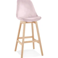 ALTEREGO Tabouret de bar 'MORISS' en velours rose et pieds en bois naturel Clearance