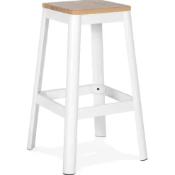 ALTEREGO Tabouret haut style industriel 'LIDYA' avec structure en métal blanc et assise en bois Clearance