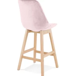 ALTEREGO Tabouret snack mi-hauteur 'MORISS MINI' en velours rose et pieds en bois naturel New