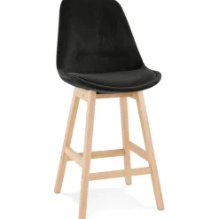 ALTEREGO Tabouret snack mi-hauteur 'MORISS MINI' en velours noir et pieds en bois naturel