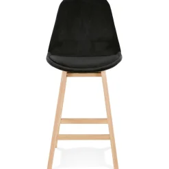 ALTEREGO Tabouret snack mi-hauteur 'MORISS MINI' en velours noir et pieds en bois naturel