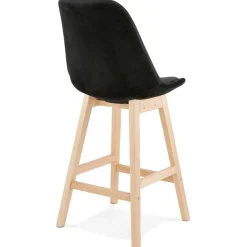 ALTEREGO Tabouret snack mi-hauteur 'MORISS MINI' en velours noir et pieds en bois naturel
