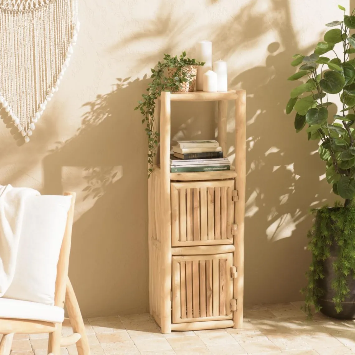 Macabane Étagère 1 niveau et 2 portes en branches de teck naturel WILL Beige Discount