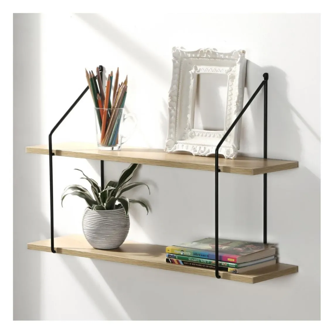 Calicosy Étagère murale 2 niveaux plateau en bois et support métal