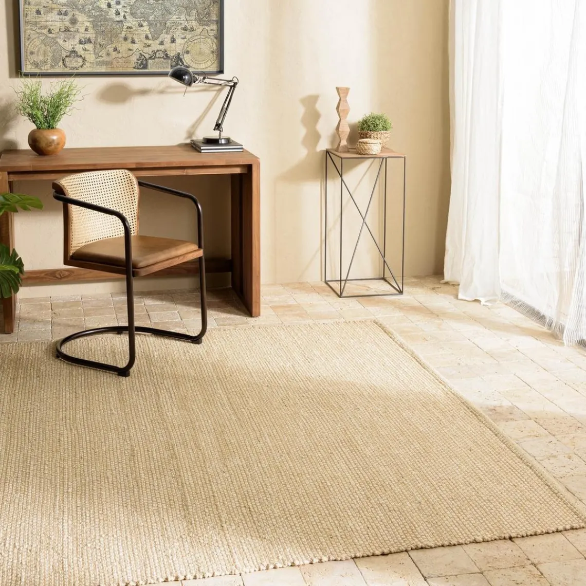 Macabane Tapis rectangulaire en jute et coton beige QUENTIN New