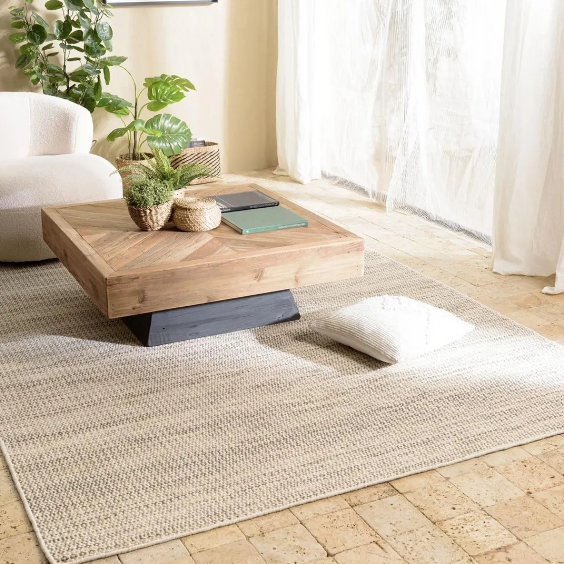 Macabane Tapis rectangulaire en laine tissée couleur blanc et kaki QUENTIN Online