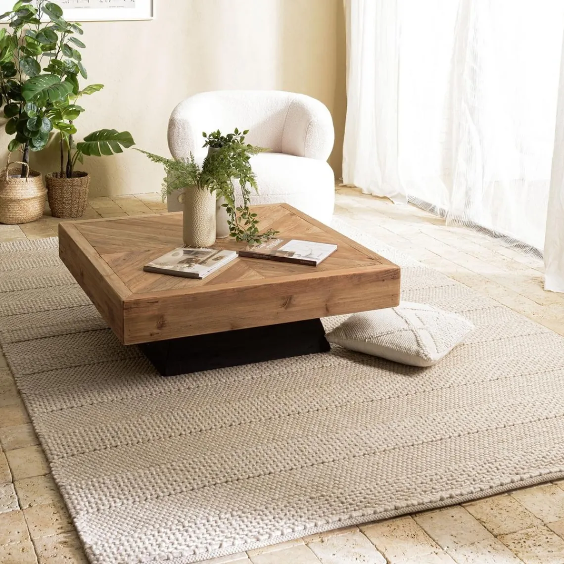 Macabane Tapis rectangulaire en laine tissée couleur lin QUENTIN Clearance