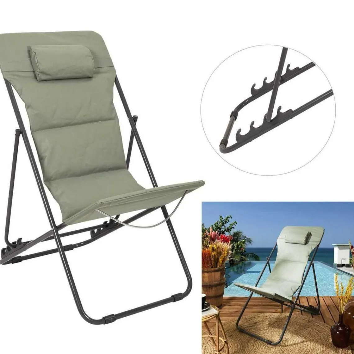 3S. x Home Transat Pliant en Métal vert kaki