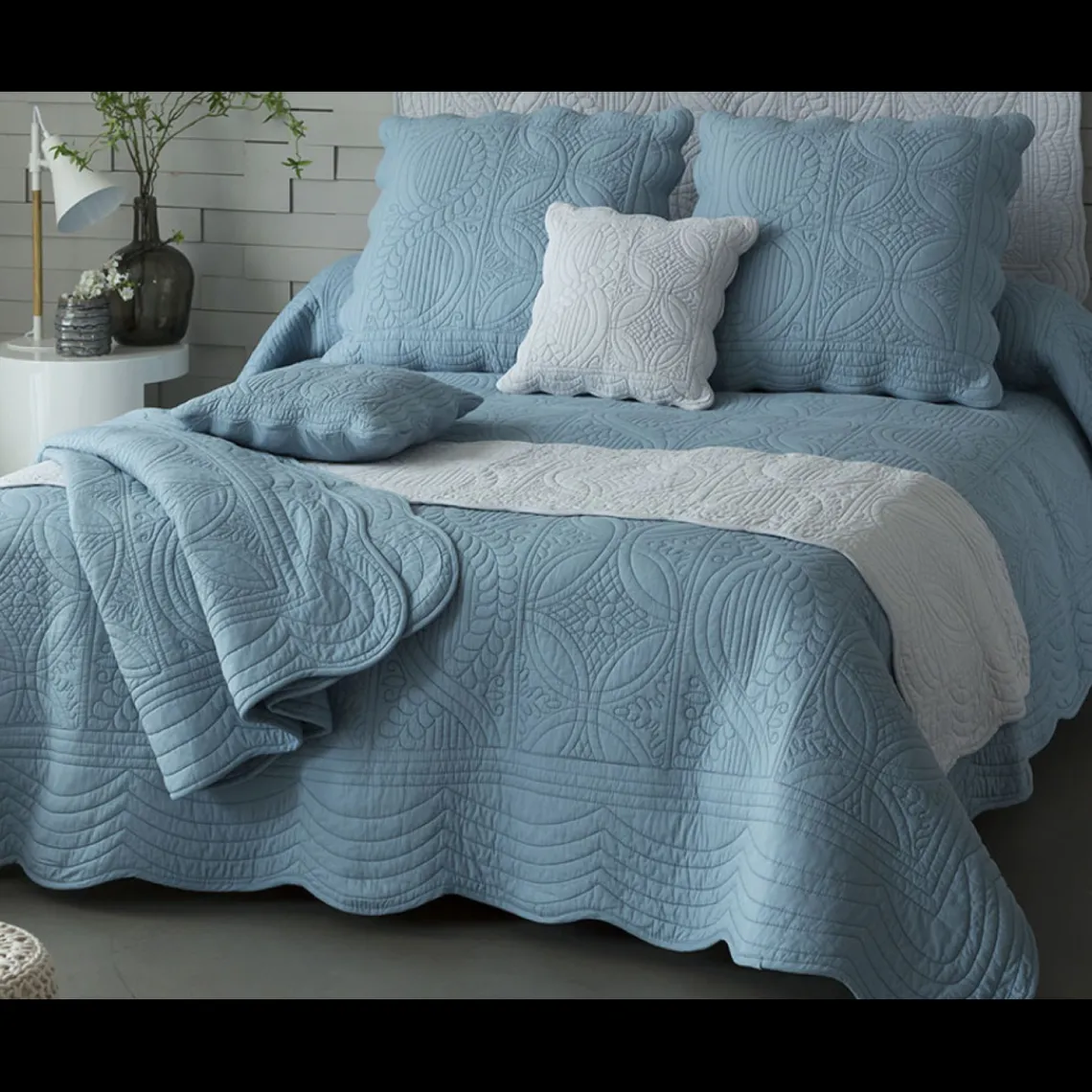 Becquet Tête de lit en boutis uni pur coton - bleu grisé New