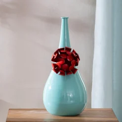 Becquet Vase métal fleur 3D DAYA bleu aqua fleur rouge Best