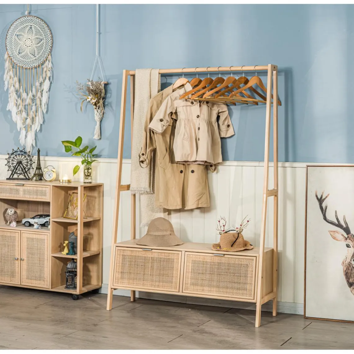 3S. x Home Vestiaire Entrée Bois Massif Porte Manteau Rotin Clearance