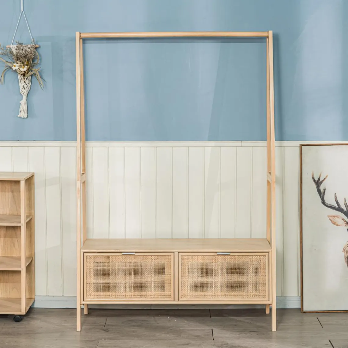 3S. x Home Vestiaire Entrée Bois Massif Porte Manteau Rotin Clearance